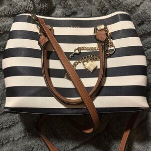 Aldo Navy and White Striped Satchel with Brown Trim and Gold Hardware